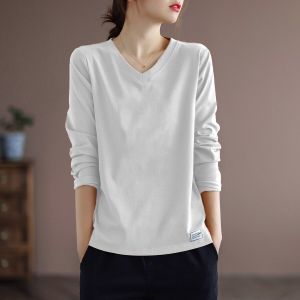 Pure ผ้าฝ้าย Long Sleeve คอวี ผู้หญิง เสื้อยืด พลัสไซส์ Base Shirt Seasonless Brand Export Original Label Removal