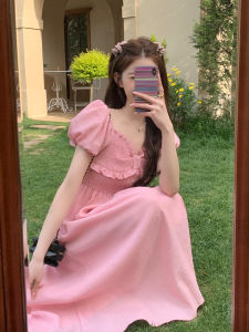 Pink Sweet Butterfly Knot Dress Womens Summer French Design Waist Cinching Slimming Gentle Fairy Skirt High Waist Long Sleeve