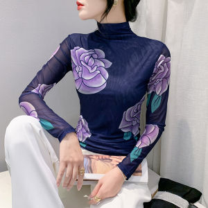Áo lót nửa cổ cao mùa thu 2023 áo thun lưới in thời trang gợi cảm Áo Tay Dài Nữ