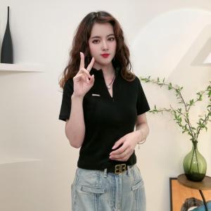 2024 Summer K-style Silm Half Zipper Easiest for Match Short Sleeve T-shirt Fashionable Casual Figure Flattering Short Temperamental Tops Women