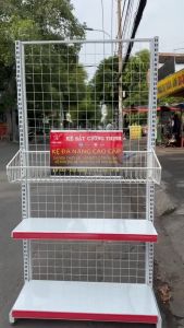 Kệ Rổ Mỳ Siêu Thị (1 Mặt) Cao 1m8 x Dài 90cm x 2 Rổ Mỳ Tặng Kèm 15 móc Treo 15cm..