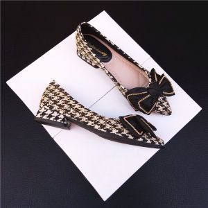 Womens Chunky Heel Flat Bottom mid Heel Summer New Butterfly Knot Slip-On Shoes Pointed Toe Gingham Pattern Fashion Single Shoes