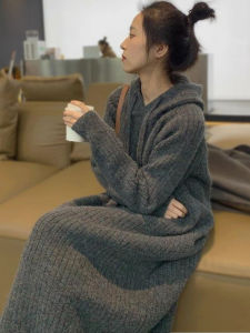 plus Size Autumn Winter Thickened Hooded Sweater Dress Long Knitted Skirt Conceals Belly Slimming Womens Fashion Commute Style