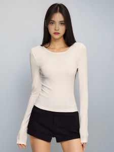 เสื้อยืดคอตั้งทรงสลิมฟิตแขนยาวผ้าลินินสำหรับผู้หญิง เสื้อชั้นในฤดูใบไม้ผลิสีขาว เสื้อยืดทรงสั้น แฟชั่นสตรี