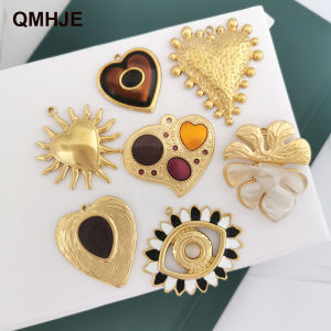 Large Pendant Necklace Charm Heart Leaf Evil Eye Brown Vintage Big Statement Stainless Steel White Resin 18K Golden PVD Plated