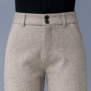 กางเกงขายาวทรงหลวมเอวสูงผ้าขนสัตว์สีกรมท่าสำหรับผู้หญิง ฤดูใบไม้ร่วง/ฤดูหนาว กางเกงขายาวทรงหลวมสำหรับผู้หญิงไซส์ใหญ่