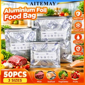 Aitemay Thân Thiện Với Môi giấy bạc Cách Điện Thực Phẩm Lưu Trữ Pouch Với Ngày Nhãn Tái Sử Dụng Túi khóa zip Cho Trang Chủ Du Lịch Cắm Trại 50Pcs