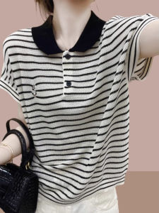 Cooling Ice Silk Striped Polo Collar Slim Fit Loose T-Shirt