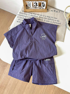 ชุดกีฬาแขนสั้นเด็ก ชุดกางเกงขาสั้นผ้าไนลอนแห้งเร็ว ชุดฤดูร้อนสำหรับเด็กชาย สีม่วง ชุดเด็กชาย 2 ชิ้น คุณภาพระดับ B