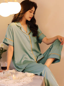 plus Size Ice Silk Sleepwear Short Sleeve Long Pants Set Lightweight Loose Home Clothes for plus Size Women Summer Home Suit
