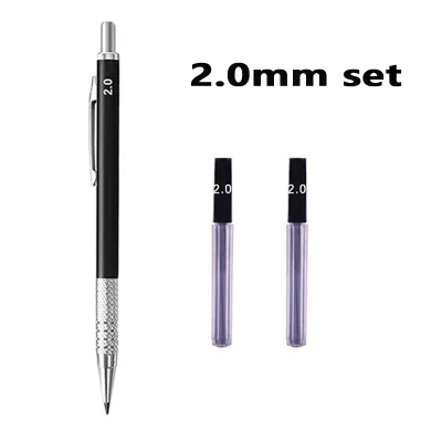Black Metal Mechanical Pencil with Lead Smooth Writing Sizes 0.3 0.5 0.7 0.9 1.3 2.0mm For Sketching Painting