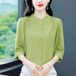 Impression Fashion Women Elegant Plain Round-neck 3/4 Lantern Sleeve Loose Blouse Shirt Plus Size