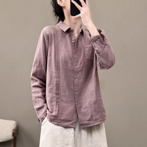 Luckin hàng hiệu cho phụ nữ áo Màu Trơn Áo Vải lanh Cotton Áo sơ mi áo thông thường cổ áo thun cỡ lỡn