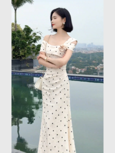 Elegant White Polka Dot Slim Fit Dress Summer Season High Waist A-Line Skirt Short Sleeve Womens Fashion Unique Style