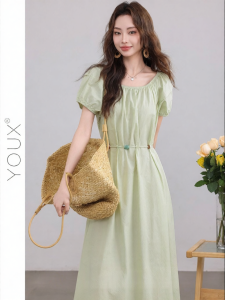 YOUXIANG | Đầm Xanh Dài Kiểu A Cao Cổ
