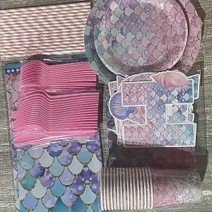 Mermaid Party Tableware Disposable Cups Plates Tablecloth for Under The Sea Birthday Party Decorations Mermaid Birthday Party Decoration Little Mermaid Disposable Tableware Set Paper Plate Cup Napkin Tablecloth for Girl Baby Shower