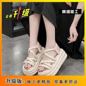 8cm Genuine Leather Thick Sole Sandals for Women 2024 Summer New Arrival Small Lightweight Height Increasing Small Size 34 Fashion Beach Shoes