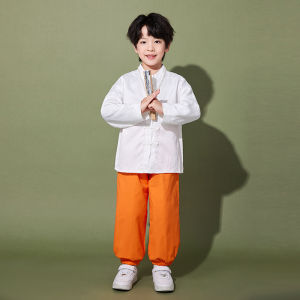 Childrens Performance Costume Orange Cheongsam Girls 8 Years Old Hanfu Boys 9 Years Old Recitation Traditional Ethnic Wear