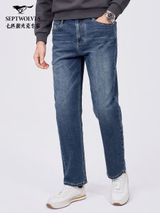 Loose Straight Leg Blue Elastic Cotton Casual Commute Mens Jeans Septwolves Business Gentleman Style Autumn New Arrival
