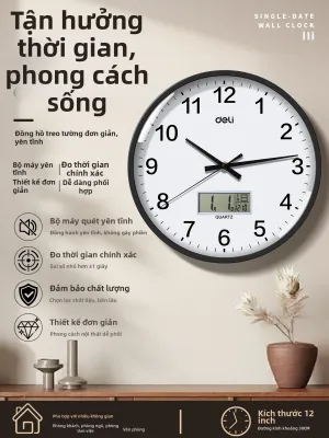 deli | Đồng Hồ Tường Đa Năng Hiển Thị Lịch im lặng
