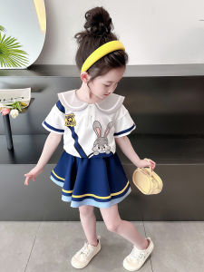 Girls Summer Outfit Short Sleeve School Style Set New Fashion Little Girl Half Skirt Two Piece Set Cartoon Design Cotton Blend