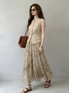 DANTING | Vintage Style Sleeveless Vest and A-line Skirt 2-Piece Set