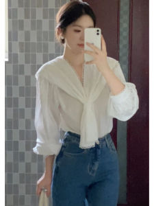 YUEZHONGWEI | French Lace Collar Blouse White Long Sleeve Shirt