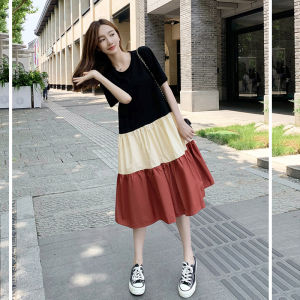 Fashionable Splice Color Block Summer Dress Loose Midi Size Large Meat Concealing Short Sleeve Korean Style T-Shirt Dress