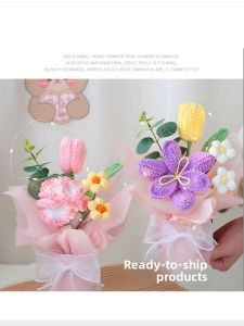 Creative Knitted Tulip Sunflower Bouquet Valentines Day Gift for Girlfriend Simulated Flowers Birthday Present Festive Celebration