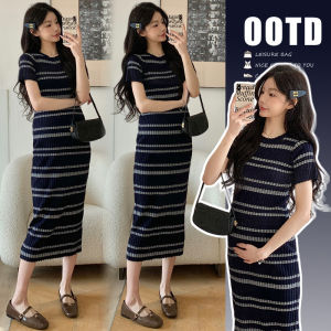 Stylish Maternity French Stripes Long Dress