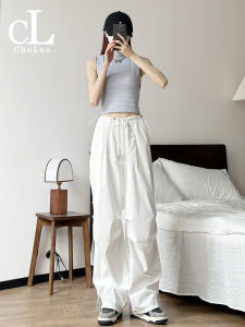 White Workwear Pants Women Spring Summer Autumn Straight Leg Street Dance Mountain Climbing Parachute Trousers High Waist Long Polyester Fiber
