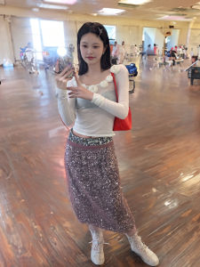 Dreamy Pink Mesh Layered Sequin Straight Cut Midi Skirt Womens Style Birthday Atmosphere Half-length Skirts Fashionable Commute Vintage Polyester Blend