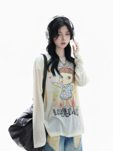 zuocisankon | American Funny Abstract Cartoon Print Young Girl College Style Slightly Sheer T-Shirt