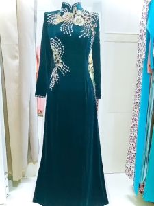 Áo dài nhung xanh cổ vịt áo dài tặng mẹ Áo dài bà sui dự tiệc SANG TRỌNG