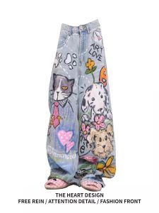 American Retro Cat Dog Graffiti High Waist Wide Leg Jeans Womens Loose Fit Straight Cut Denim Pants Autumn Spring Fashion
