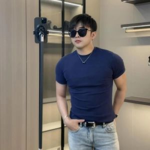 Elastic Short Sleeve Mens T-shirt Small Collar Slim Fit Summer Fashion Top Half Sleeve T-shirt Base Layer Youth Trendy Style