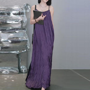 Elegant French Style Folded Plum Purple Sleeveless Tank Dress for Women Summer High-End Exquisite Long Skirt Slimming Dress