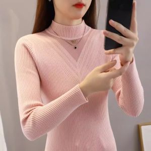 WANGGONGZHU | เสื้อสเวตเตอร์ถักคอปกสูงแบบสวมหัวทรงสลิมฟิตสำหรับผู้หญิง ฤดูใบไม้ร่วง/ฤดูหนาว เสื้อชั้นในผ้าตาข่ายลูกไม้สไตล์ใหม่