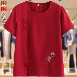 Elegant Embroidered Short Sleeve round Neck T-Shirt for Elderly Women Summer Fashion Loose Fit Senior Citizens Mommy Top