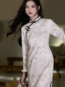 SPYB Young Style Long Sleeve Cheongsam Elegant Reformed Watercolor New Chinese Style Daily Wear Polyester Fiber 100%