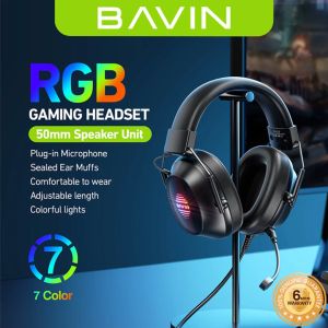 BAVIN BH63 RGB Gaming Hi-Fi Sound Wired Headphones w/ 7 Color Lights Retractable Design & Detachable Microphone for PC