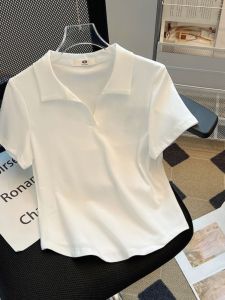 Slim Fit Pure Cotton Polo Neck Short Sleeve T-Shirt Womens Summer New Style White Casual Top Korean Version Basic Solid Color