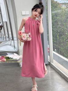 Girls Vintage Hanging Neck Dress Sleeveless Vest Long Summer New Style French Holiday Wind Sweet Pure Color Silk Top