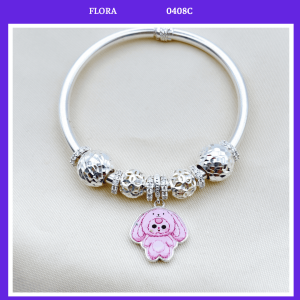 FLORA 0408C - Vòng tay bạc ta mix hình quả cầu phay kim tiề n mix charm hình Baby Three hình thỏ hồng dành cho bé gái