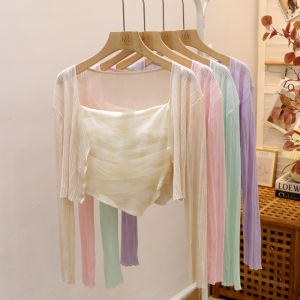 Sweet Spaghetti-Strap plus Cardigan Two-Piece Set Summer Thin Long Sleeves Sun Protection Cardigan Outerwear Women Asymmetrical Mesh Camisole