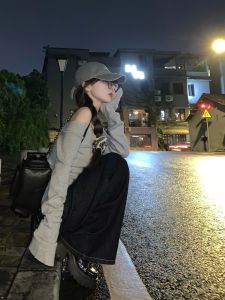 American Style Spicy Grey Shoulder Bared Long Sleeve Knitted Sweater Womens Autumn Slim Fit One Piece Head over Heels Top