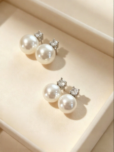 YISHU | Four Prong Diamond Embedded Akoya Pearl Earrings 12mm