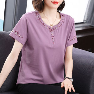 Pure Cotton Mommy Embroidered Short Sleeve T-Shirt Womens New 2025 Loose round Neck Summer Fashionable Top Cover Belly