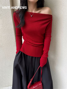 Red Off-Shoulder Slanted-Shoulder Fitted Sweater