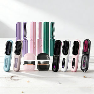 หวีผมตรงไร้สายแบบม้วนผมตรงพร้อมระบบทำความร้อนและไอออนลบ ควบคุมอุณหภูมิได้ 3 ระดับ ป้องกันผมไหม้